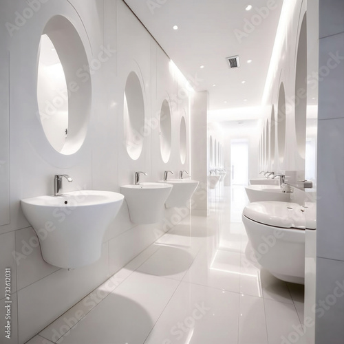 Interior of bathroom with sink basin faucet lined up and hotel toilet urinals  Modern design