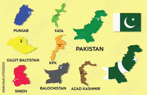Pakistan Map with flag. All provinces vector map illustration with vector flag. Country map concept.