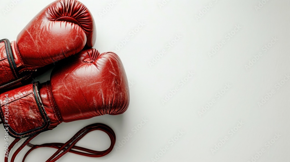 Boxing gloves and hand wraps neatly placed on a white background, concept of boxing and martial arts