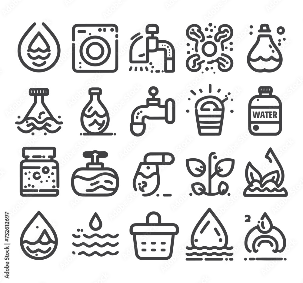 Editable vector pack of water icons. Water drops icon set. Editable vector pack of water line icons. A drop of water. Glass, magnifier, washing hands, shower. Vector illustration Editable vector pack of water icons. Water drops icon set. Editable vector pack of water line icons. A drop of water. Glass, magnifier, washing hands, shower. Vector illustration