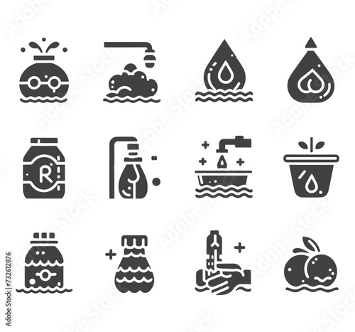 Editable vector pack of water icons. Water drops icon set. Editable vector pack of water line icons. A drop of water. Glass, magnifier, washing hands, shower. Vector illustration