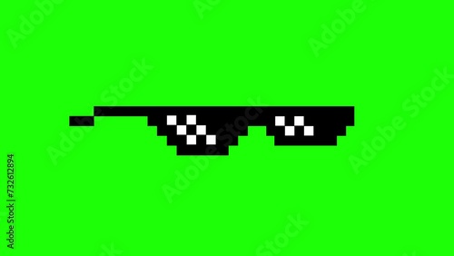 Pixel art glasses, cool cartoon glasses for video games, 8 bit pixel art animated video footage, 4k green screen video