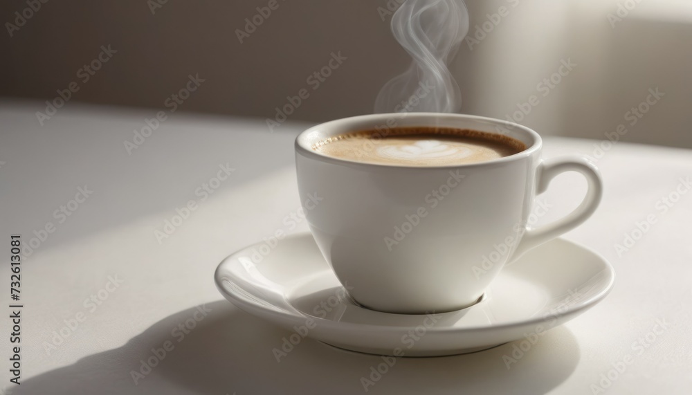 A hot cup of coffee on a saucer, set against a white background, casting a subtle shadow.