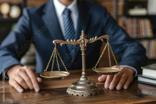 Businessman at a Table With Scale of Justice photo