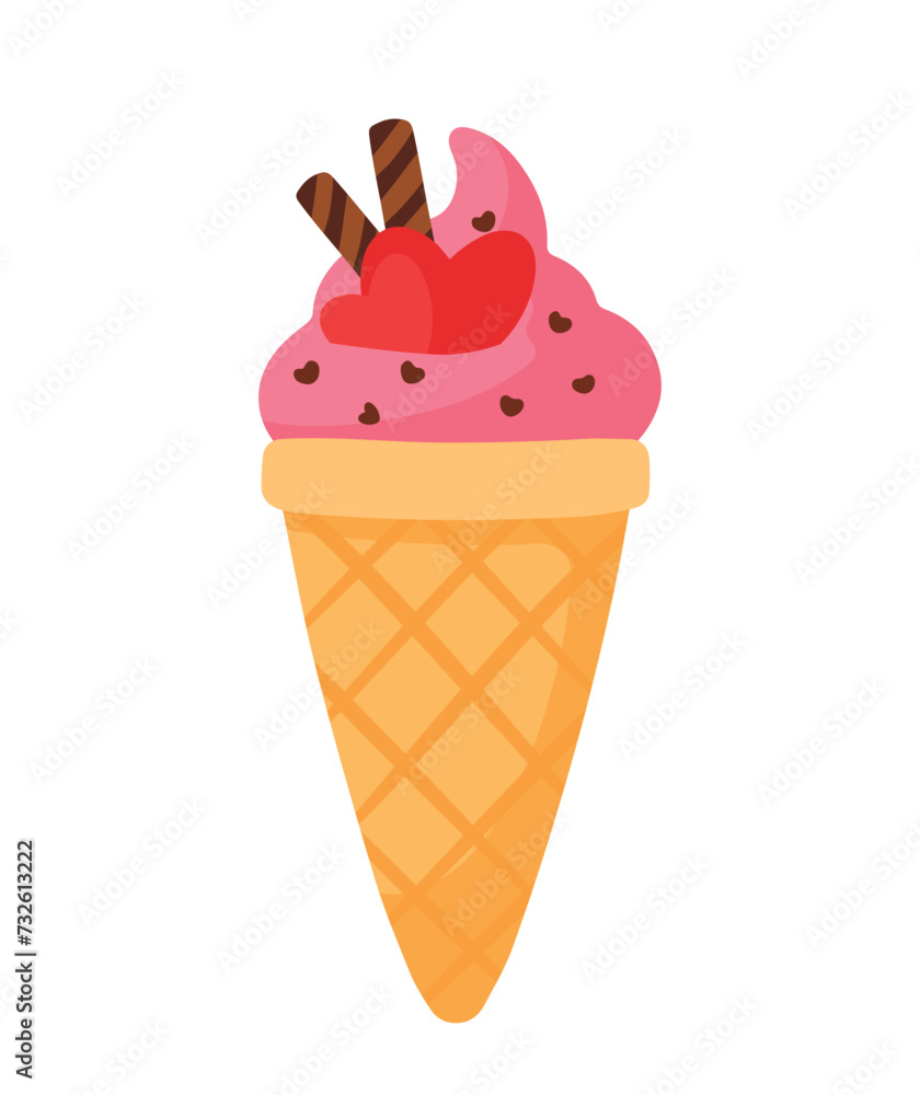 Strawberry Ice Cream with Heart for Valentines Sweet Dessert Food in Cute Cartoon Vector Illustration Strawberry Ice Cream with Heart for Valentines Sweet Dessert Food in Cute Cartoon Vector Illustration