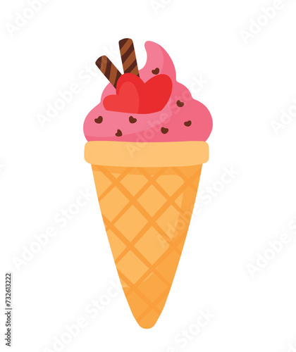 Strawberry Ice Cream with Heart for Valentines Sweet Dessert Food in Cute Cartoon Vector Illustration