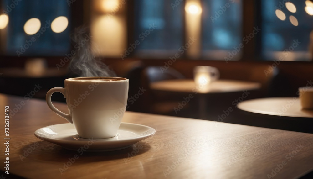 Cafe hot cup of coffee on a saucer on a dark background, casting a thin shadow. Bokeh in the background. Cafe hot cup of coffee on a saucer on a dark background, casting a thin shadow. Bokeh in the background.