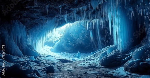 The Mesmerizing Interior of an Ice Cave, Highlighted by Blue Ice and Icicles at a Moulin Hole