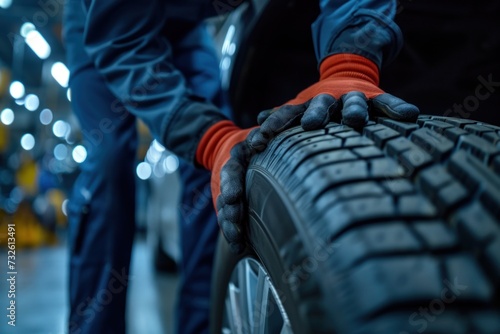 Two Men in Blue Working on a Car Tire