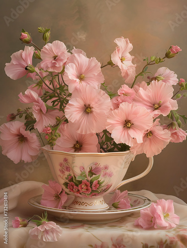 a tea cup filled with pink flowers in © torrentsd2