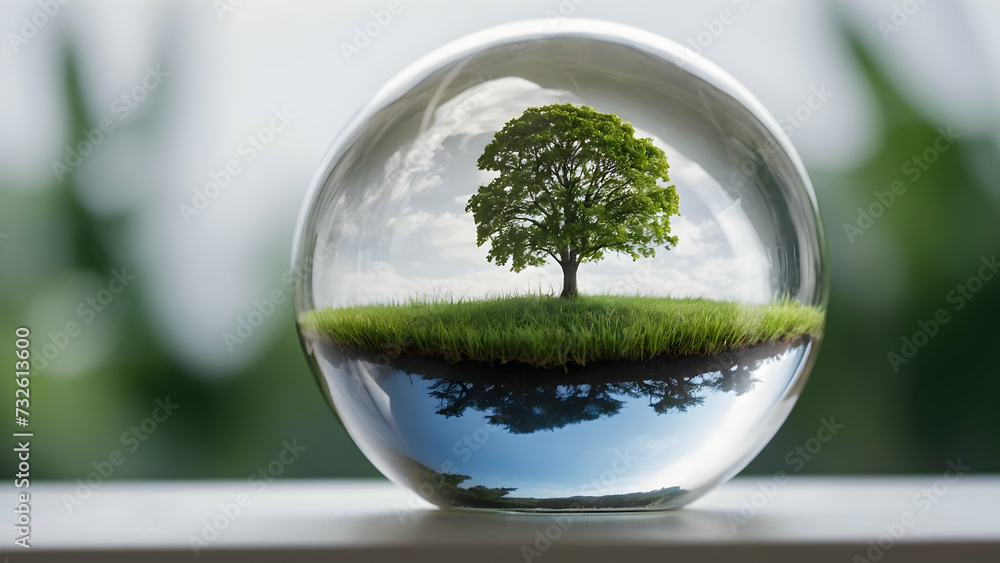 water glass globe with landscape with green energy background include copy space water glass globe with landscape with green energy background include copy space