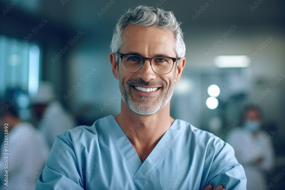 Portrait of happy surgeon man with arms crossed in hospital, Healthcare and wellness concept. Portrait of happy surgeon man with arms crossed in hospital, Healthcare and wellness concept.