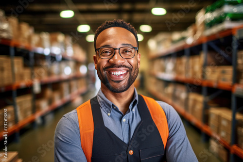 Portrait of a happy retail shipping analyst working at warehouse, Stock management and logistics.
