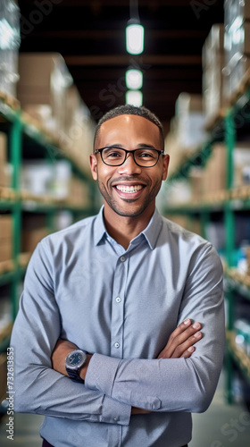 Portrait of a happy retail shipping analyst working at warehouse  Stock management and logistics.