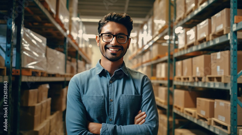 Portrait of a happy retail shipping analyst working at warehouse, Stock management and logistics.