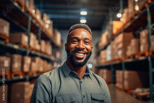 Portrait of a happy retail shipping analyst working at warehouse  Stock management and logistics.