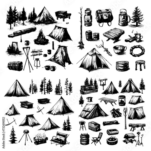 Camping healing vintage sketch vector illustration include tent, bonfire, mountain, forest, tea, antique lantern, chairs isolated on white background, ink pen decorative set for travel design, package