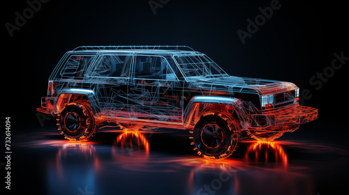 futuristic car on black background with tech and red blue neon hologram light