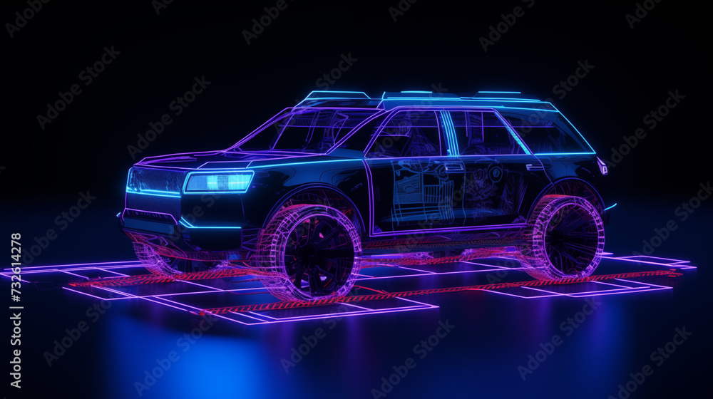 futuristic car on black background with tech and blue neon hologram light
