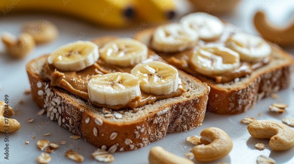 Delectably Prepared Toast with Nut Butter and Banana, Garnished with Cashews on a White Table