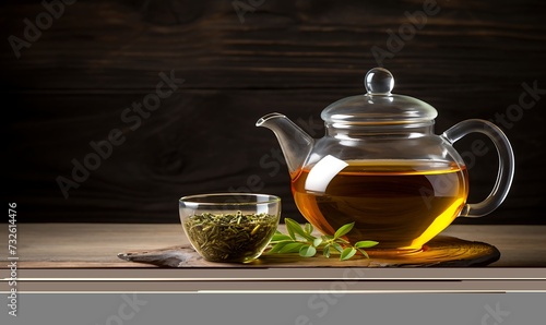 Green tea leaves in a bowl and teapot on wooden background
