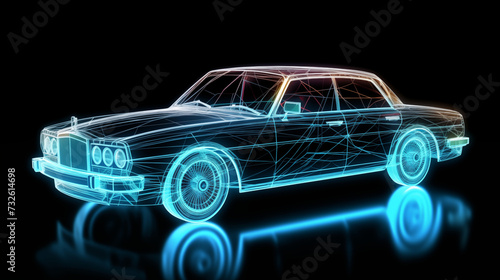 futuristic car on black background with tech and blue neon hologram light