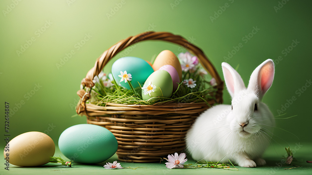 cute white easter bunny sits near a wicker basket with festive easter eggs, decorated with spring flowers, beautiful spring light, scene on a green background cute white easter bunny sits near a wicker basket with festive easter eggs, decorated with spring flowers, beautiful spring light, scene on a green background