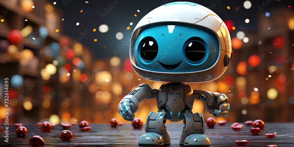 Modern futuristic baby robot with glowing eye Cute robot joking funny. - obrazy, fototapety, plakaty 