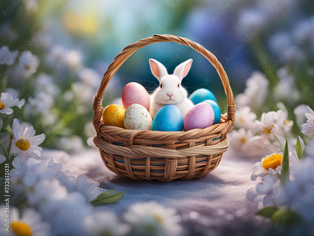 A cute white Easter bunny lies in a wicker basket with festive Easter eggs, decorated with spring flowers, spectacular light, scene on a light blue background
