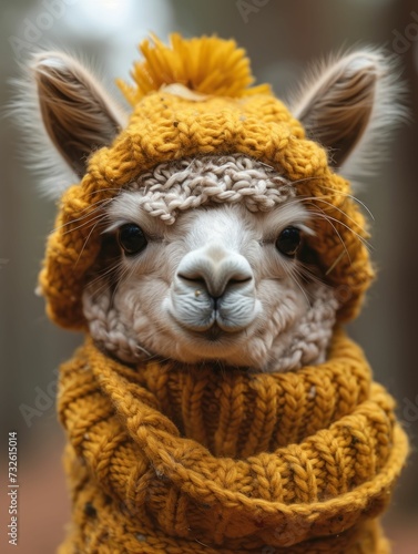 Alpaca wearing a knitted fall sweater, amidst a scenic autumn backdrop, highlighting the charm and warmth of the season © Kanisorn