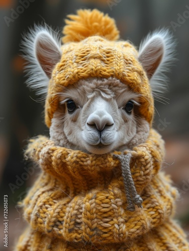 An alpaca dons a cozy sweater against a picturesque fall scene, embodying the season's allure and comfort