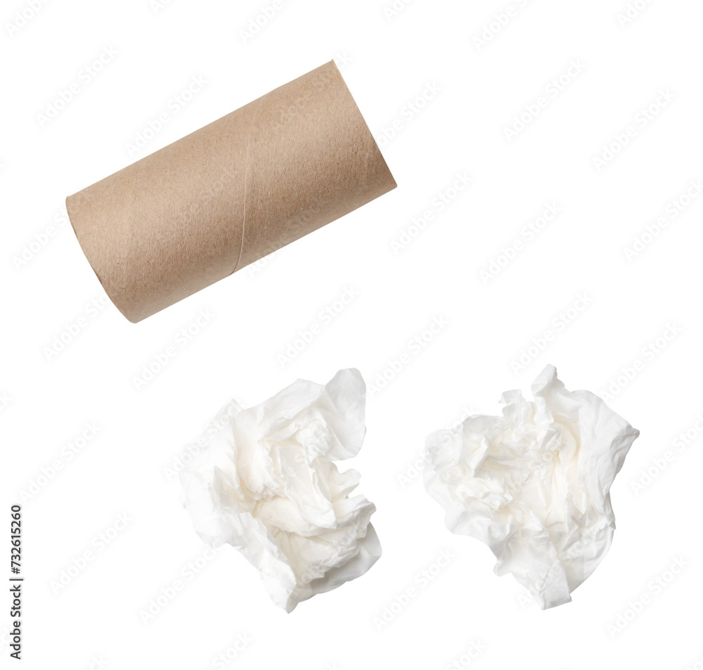 Top view set of screwed or crumpled tissue paper or napkin with core in strange shape after use in toilet or restroom isolated on white background with clipping path Top view set of screwed or crumpled tissue paper or napkin with core in strange shape after use in toilet or restroom isolated on white background with clipping path