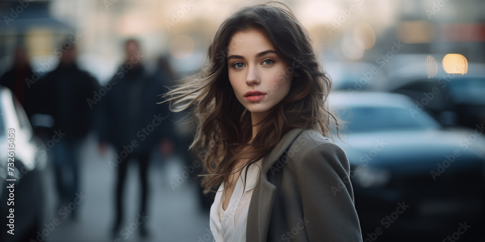 Beautiful woman walking in modern city with blurred bokeh background.
