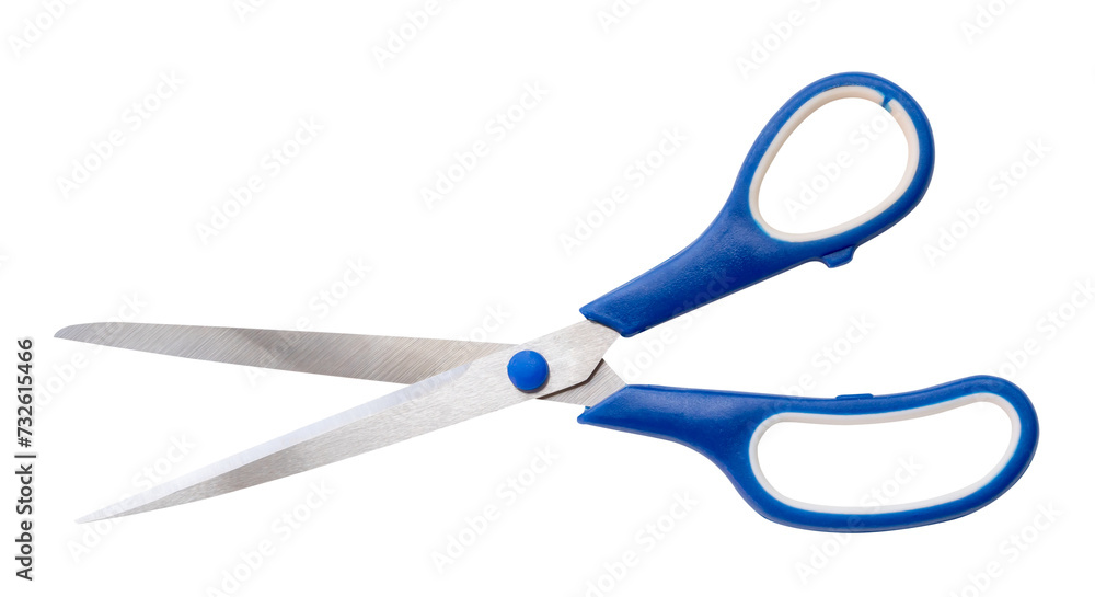 Top view of multipurpose scissors with blue handle isolated with clipping in png file format. path. A pair of scissors - obrazy, fototapety, plakaty 