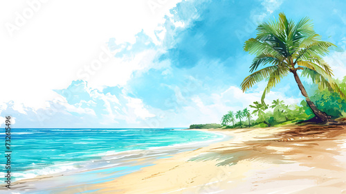 Watercolor drawing beach white background   Palm-fringed tropical beach by the serene sea under a sunny sky  creating a picturesque paradise for a relaxing summer vacation  wide size