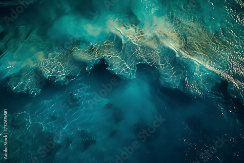 an aerial view of a blue ocean of waves hitting the b
