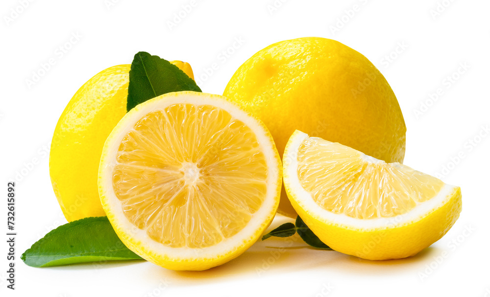 Front view of yellow lemon fruit with half slice or quarter and leave isolated on white background with clipping path