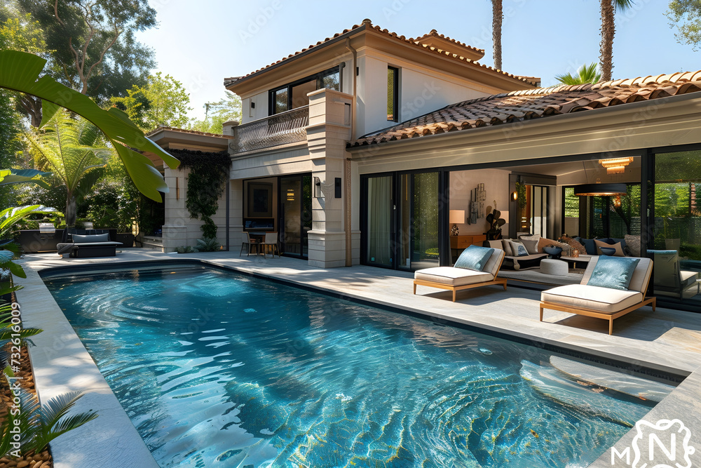LOS ANGELES, UNITED STATES - A Luxury Custom Built house with backyard pool in Los Angeles
