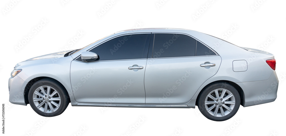 Side view of Bronze or white sedan car isolated on white background with clipping path Side view of Bronze or white sedan car isolated on white background with clipping path