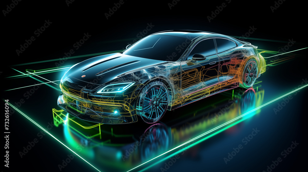 car on black background with tech futuristic and red neon hologram light car on black background with tech futuristic and red neon hologram light