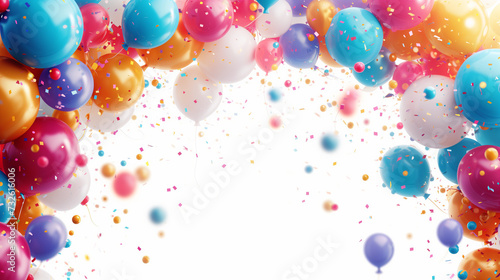 Balloons, Confetti 3d party set on a white background. Festive Template in colorful colors for party illustration, surprise, celebrate, gift, birthday invitation. Realistic vector confetti style
