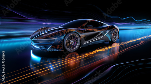 fast car on black background with tech futuristic and bl ue yellow neon hologram light © Septimega