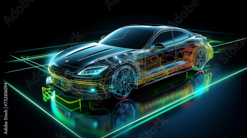 car on black background with tech futuristic and red neon hologram light