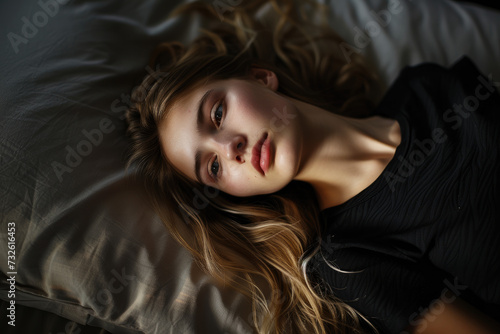 a beautiful young lady lying in bed