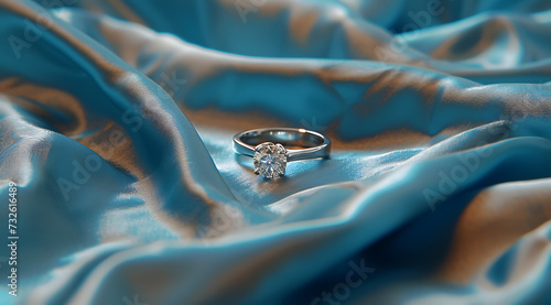 an engagement ring sits on a blue satin fabric in photo