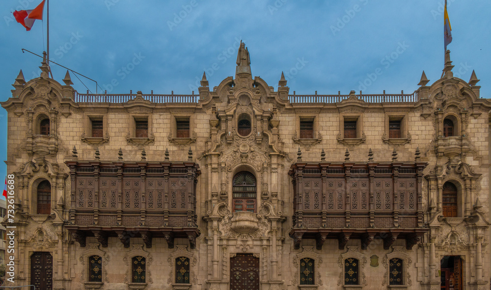Archbishop's Palace,  Plaza Mayor (Plaza de Armas) in the historical center of Lima, Peru.