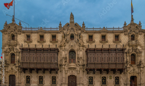Archbishop's Palace, Plaza Mayor (Plaza de Armas) in the historical center of Lima, Peru.