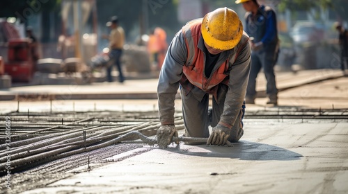Construction technician using concrete vibration generator. leveling the concrete floor. © roh