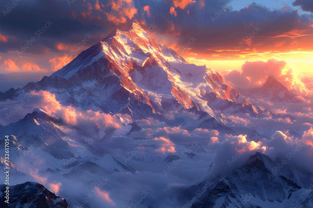 A high-angle shot of snowy mountains covered with clouds during a dark evening