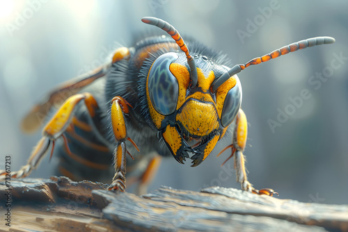 Detailed closeup on a dark colored invasive worker Asian hornet , Vespa velutina sitting on wood photo